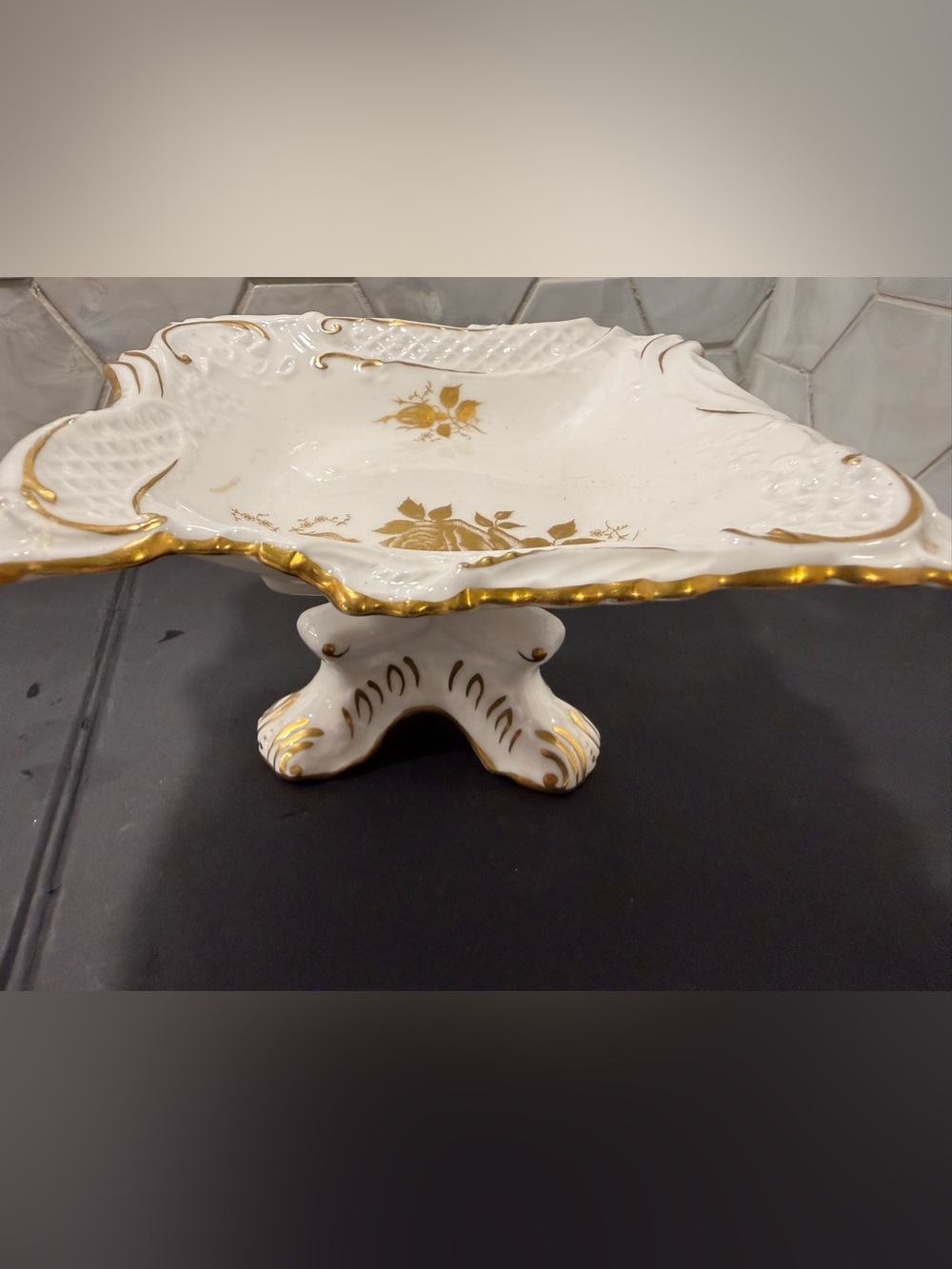 Hammersley & Co. Vintage Golden Glory 3 Pedestal Trinket Tray Swirls Gold Floral